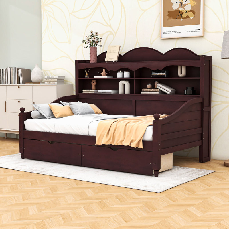 Twin Wooden Daybed with Integrated Storage Drawers and Shelving, Espresso