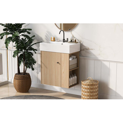 21.6" Modern Floating Bathroom Vanity With Ceramic Basin - Perfect For Small Bathrooms, Right Side Storage