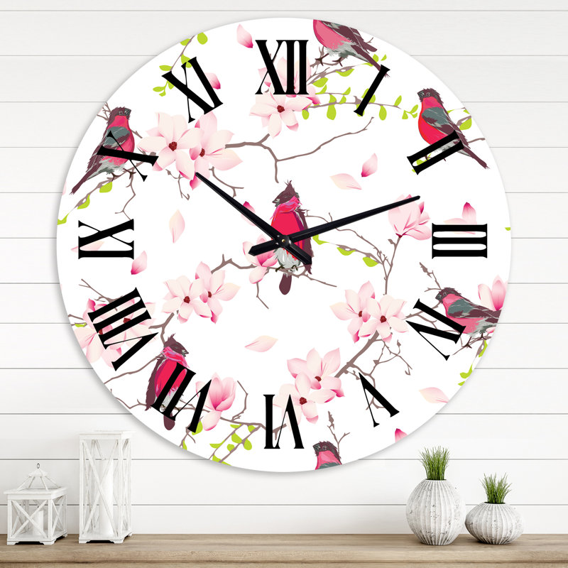 Bouvreuils rouges sur un magnolia - horloge murale traditionnelle, Moyenne