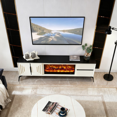 Meuble télé 78,74 po de luxe moderne avec contraste en noir et blanc avec comptoir en pierre frittée, multi-espaces de rangement et foyer à flamme