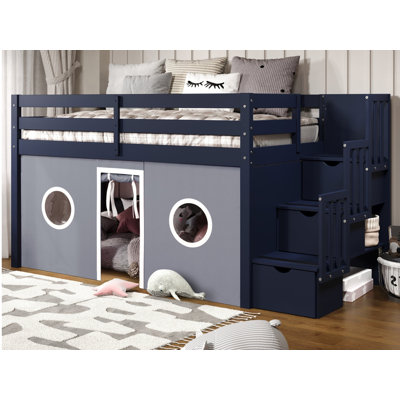 Johannes Solid Wood Twin Low Loft Bed with 3 Step-Stairway and Tent