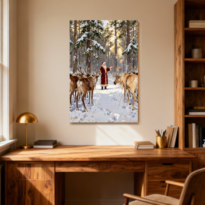 Père Noël avec renne dans la forêt enneigée, H 30 po x l 20 po