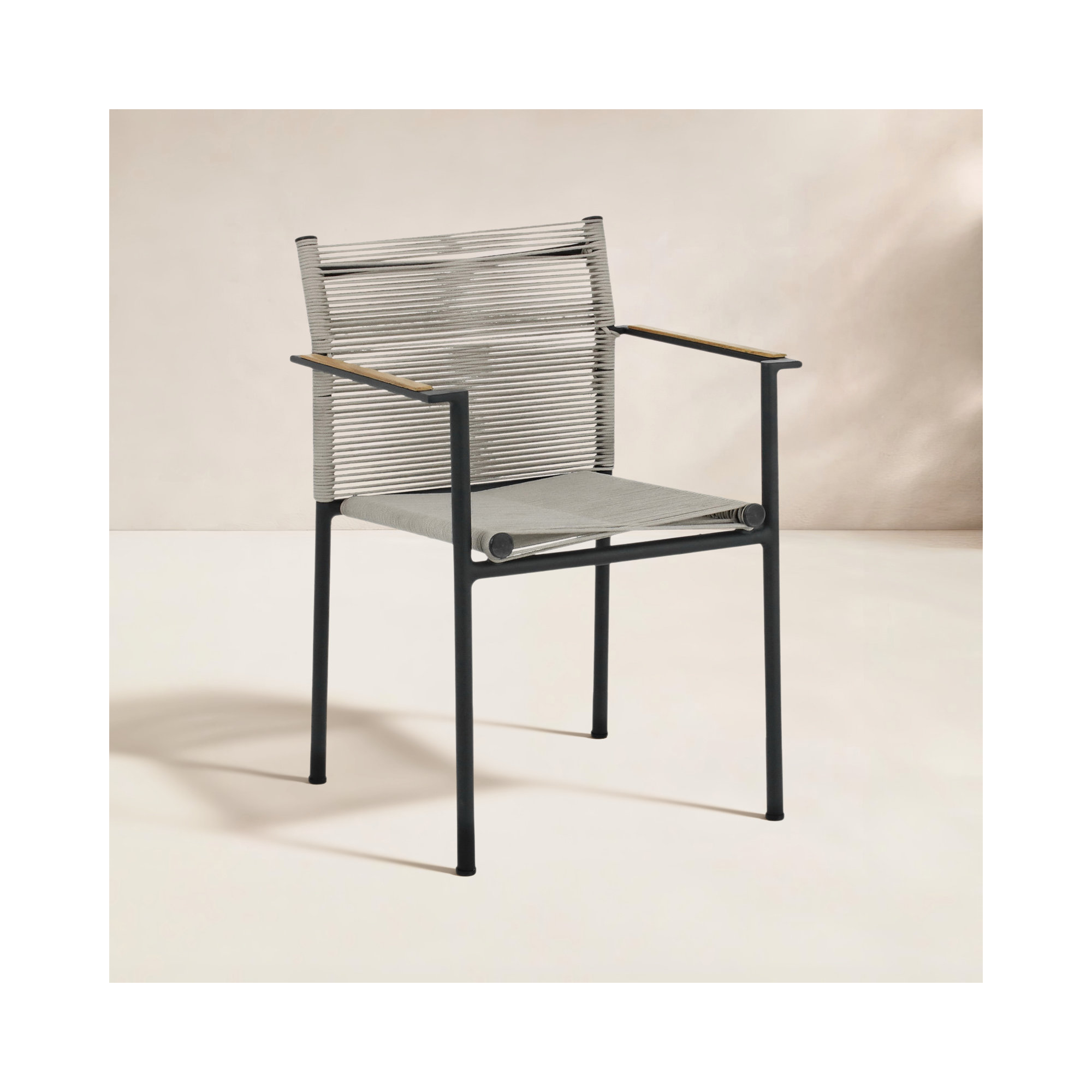 Raleigh Aluminum Stackable Dining Arm Chair with Teak Arm Rest, Taupe