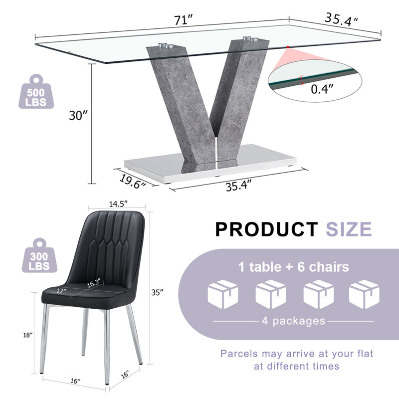 Ensemble de table de salle à manger en verre, 7, Noir / argenté