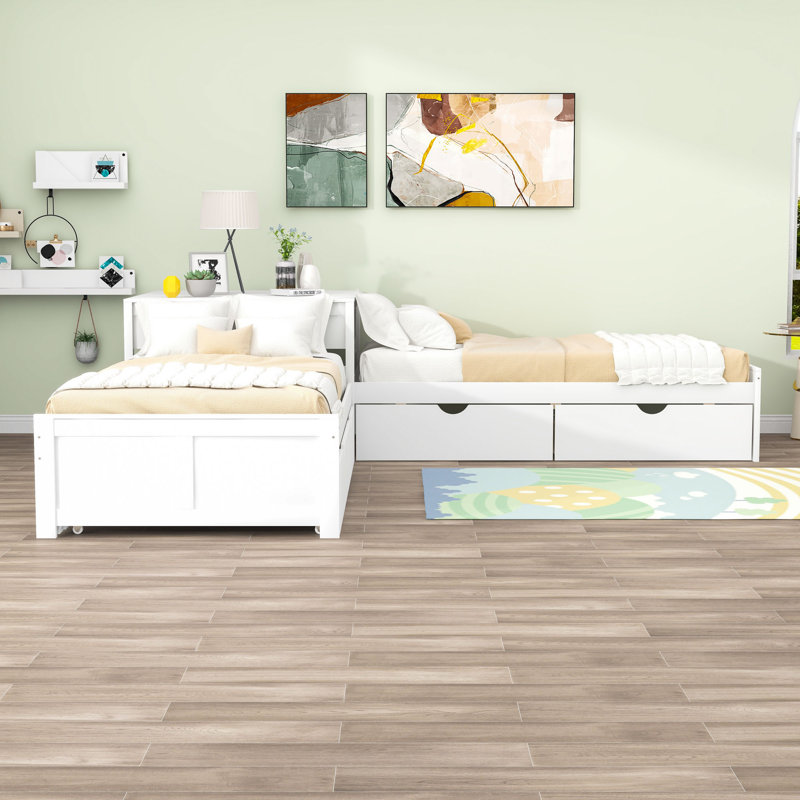 Twin Size 2 Drawers L-shaped Platform Beds with Trundle and Built-in Table, White