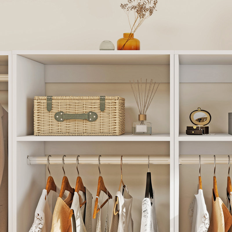 White Modular Closet Organizer System with 2 shelves 4 drawers and 6 rods