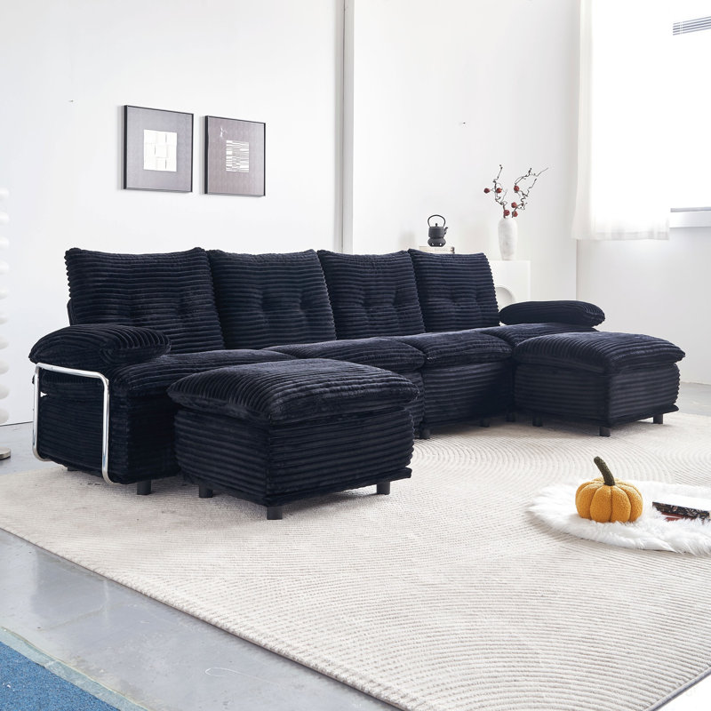 Canapé modulaire en tissu d'ameublement en velours côtelé 4 places avec 2 repose-pieds