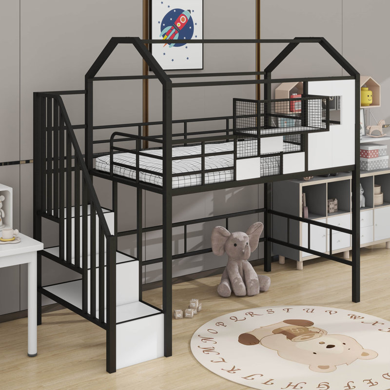 Twin Metal Loft Bed With Roof, Black