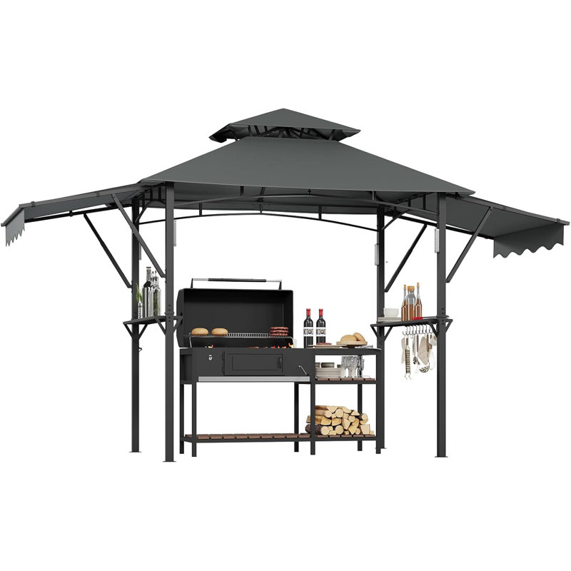 8 Ft. x 5 Ft. Grill Gazebo with Adjustable Dual Side Awnings, Double-Tier BBQ Canopy with Shelves, Hooks and Steel Frame for Backyard or Patio