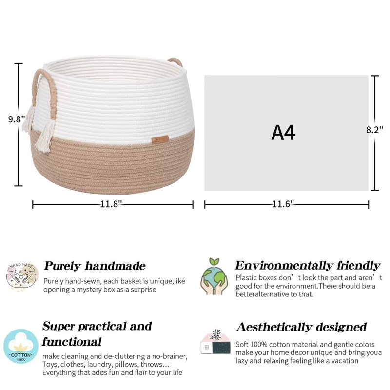 Boho Cotton Rope Baskets, Cube Basket, Under Shelf Basket for Living Room, Bedroom, Nursery, 9.8" H x 11.8" W x 11.8" D