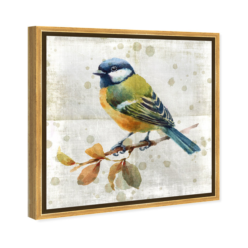 Oiseau bleu - peinture sur toile, H 12 po x l 12 po, Cadre doré