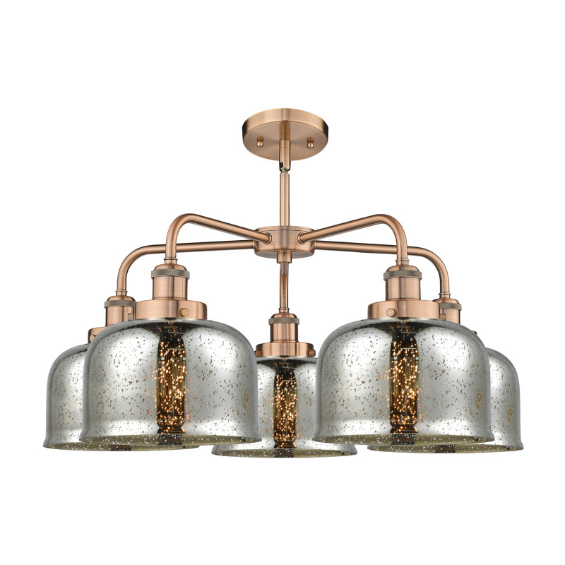 Lustre en verre à 5 lumières Bell, Argent mercuré plaqué, Cuivre antique