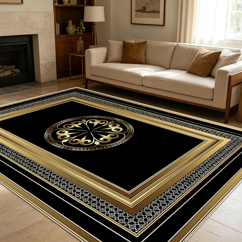1PC Vintage Luxury Gold Black Geometric Filigree Farmhouse area rugs for Living Room, Soft and Comfortable, Suitable for all seasons, easy-to-maintain, machine washable Indoor floor mat, Under Table Farmhouse suitable for dining table, entryway,