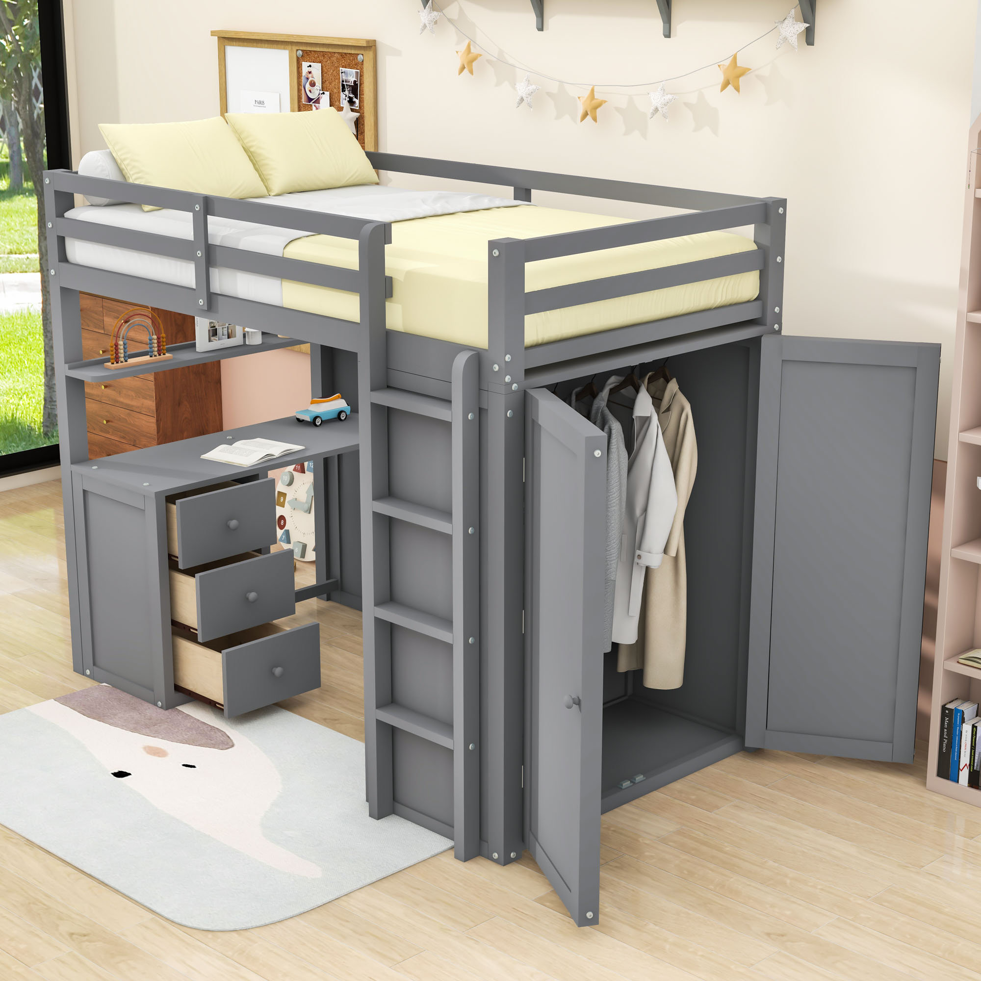 Harriet Bee 3 Drawers Wood Loft Bed With Desk, Wardrobe And Shelves ...