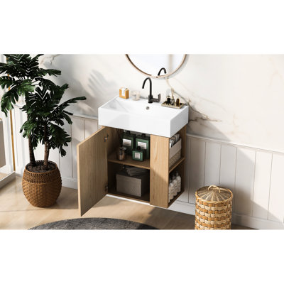 Modern 21.6" Wall - Hung Bathroom Vanity With Aluminum Alloy Handle, Single Hole Faucet Mount, Side Storage For Compact Areas Wave Door, Toilet Paper, Cabinet