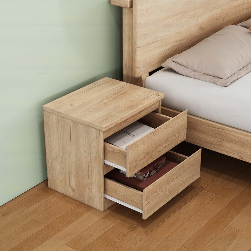 End Table with 2 Drawers,Handle-Free Design, Naturel