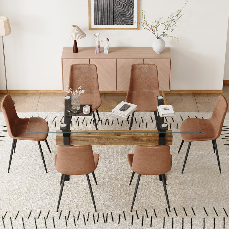 7-Piece Glass Top Dining Table Sets, Brown/Black