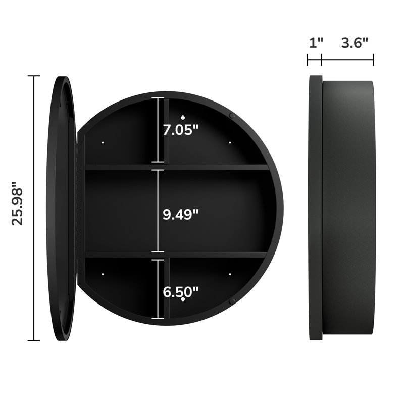 Pharmacie murale ronde avec tablettes Gervon, H 26 po x l 26 po x P 6 po, Noir, noir, noir, noir