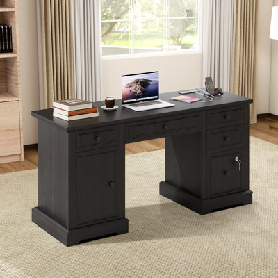 59" Farmhouse Computer Desk With Drawers & Power Outlets - Lockable File Cabinet, Rustic Wood Executive Desk by Millwood Pines