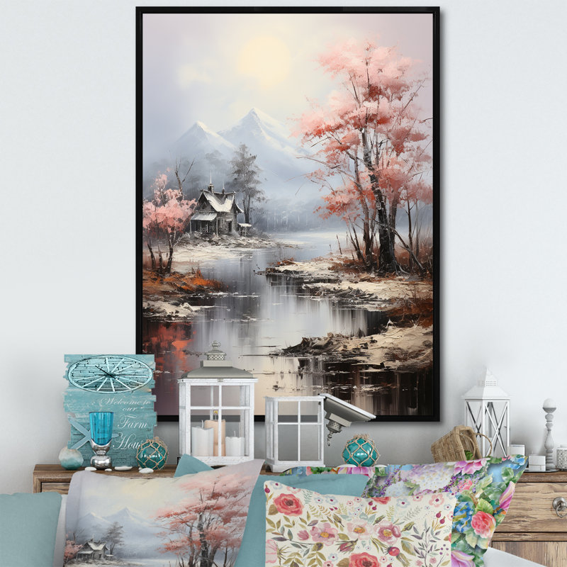 Haylow, paysage romantique nuances de rose bleu II, Cadre flottant noir, H 32 po x l 16 po x P 1 po