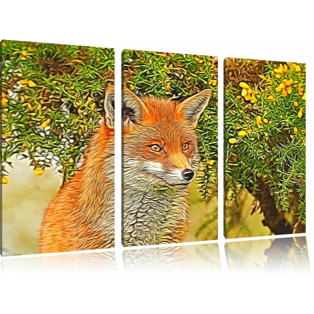 3-tlg. Leinwandbilder-Set aufschauender Fuchs, Grafikdruck