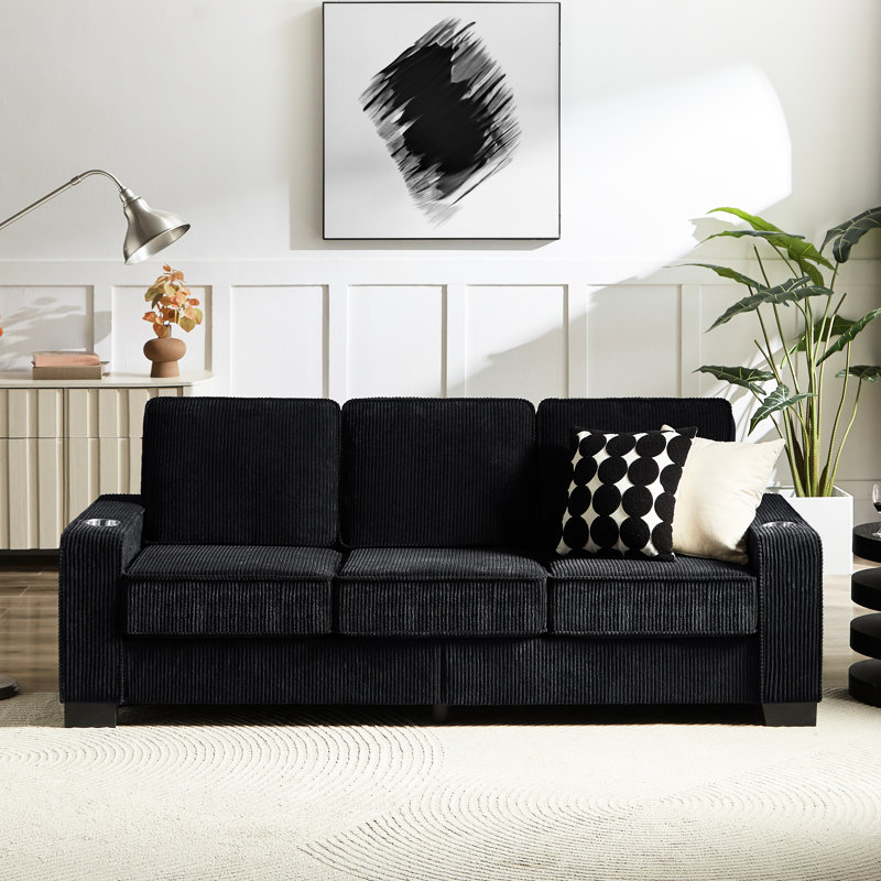 83,86 "canapé compressé pour le bureau - 3 avec porte-gobelets, velours côtelé, chambre à coucher, salon, bureau en velours côtelé noir,