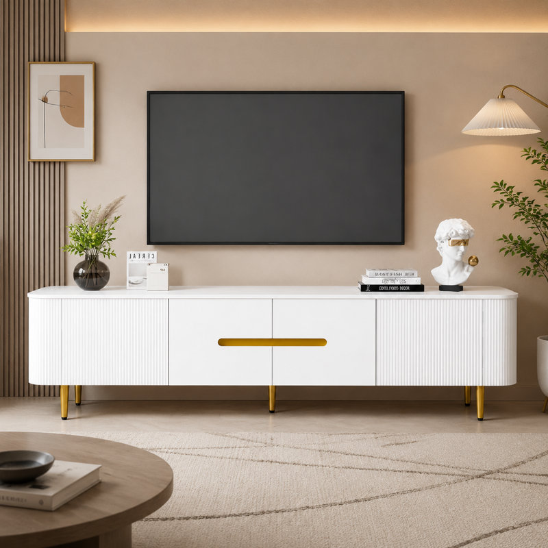Meuble télé blanc de 78,6 pouces pour téléviseurs jusqu'à 85 pouces, console multimédia minimaliste avec 4 armoires de rangement