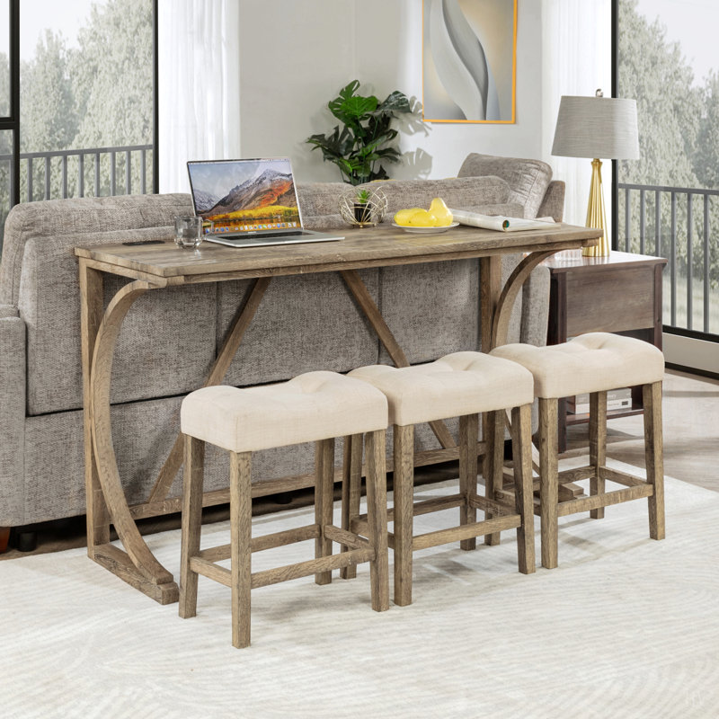 Ensemble de table de bar 4 pièces avec prise de courant, ensemble de table de bar et chaises, ensemble de table de bar avec 3 tabourets rembourrés pour le salon, la salle à manger et la salle de jeux