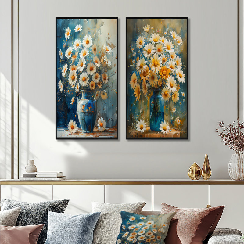 Ensemble de 2 fleurs bleues et blanches avec fleurs de marguerite dans un vase I - marguerites, H 40 po x l 40 po