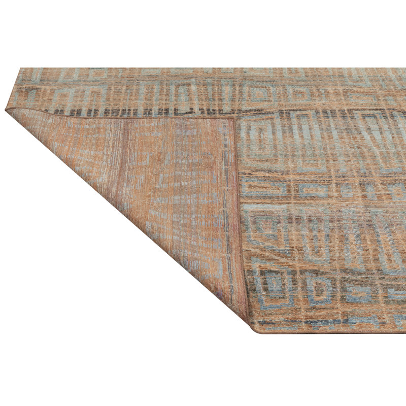 High-Quality Hand-Knotted Orange And Grey Area Rug, Rectangle 8' x 10'