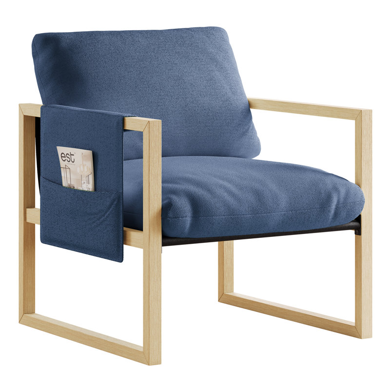 Antique Solid Wood Leg Lambda Lounge Chair, Blue Gray Farbric