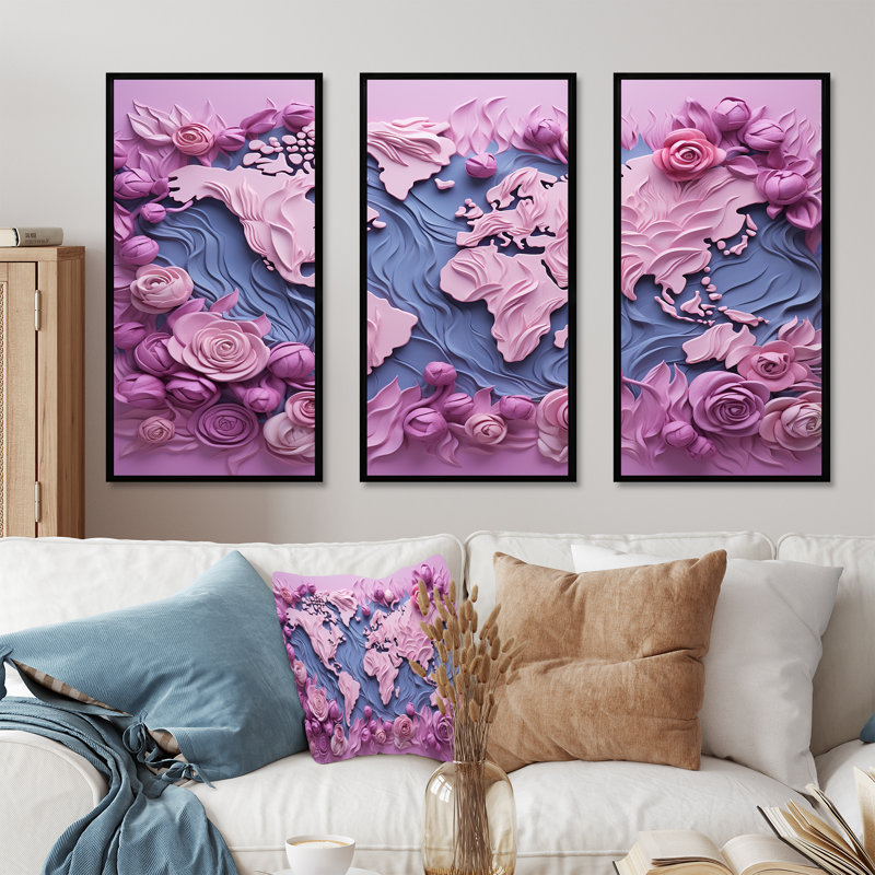 «Pink Whimsical Waters World Map I», ensemble d'art mural sur toile carte du monde, Cadre flottant noir