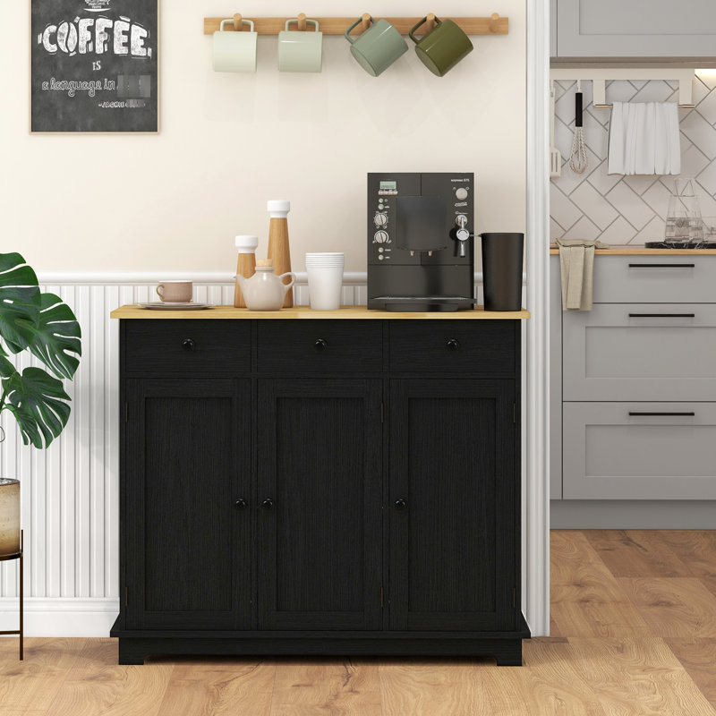 Armoire de bureau noire vieillie - comptoir en bois massif, 3 tiroirs, portes, tablette réglable avec espace de travail et balcon