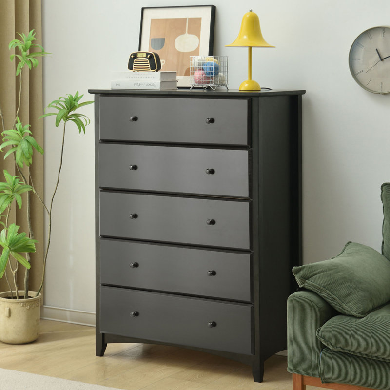 Solid Wood Chest Shaker Style 5 Drawers, Black