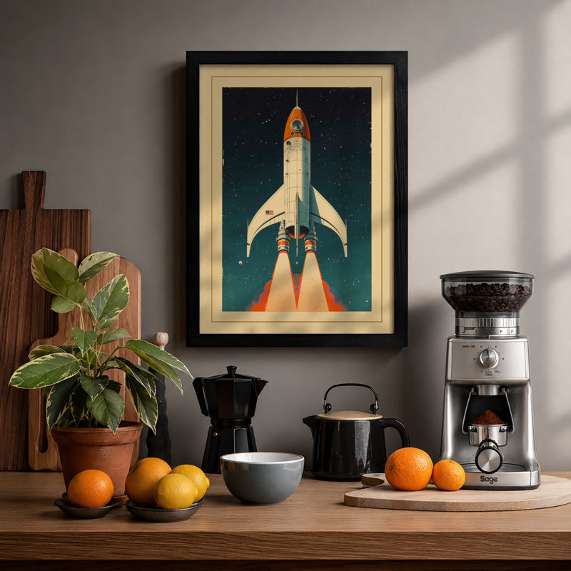 Rocket Launch Retro - Framed Print, Black, A4 - 29.7 x 21.0 cm