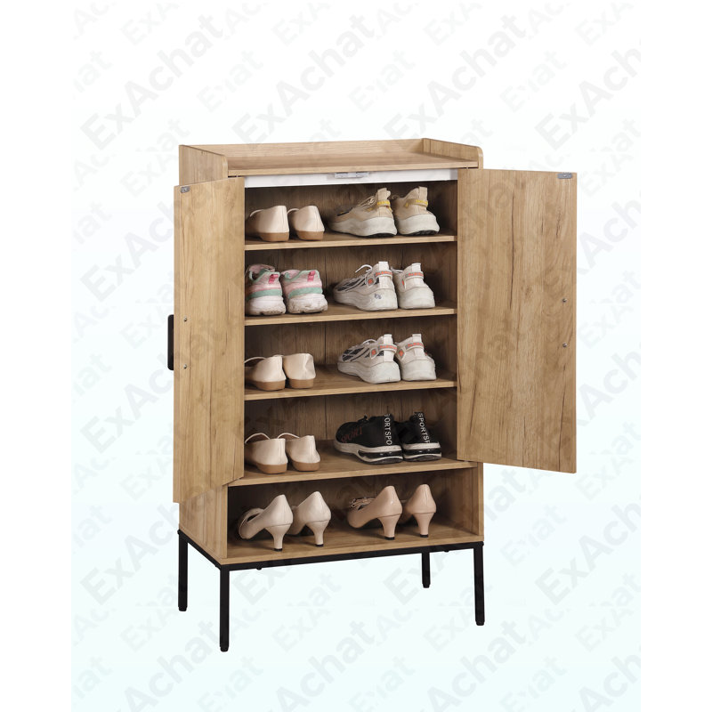 Range-chaussures avec portes en rotin, range-chaussures à 5 niveaux avec tablettes ouvertes, range-chaussures en bois, pour vestibule, couloir