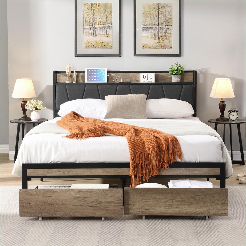 For primary or guest bedroom, black and cool gray metal MDF full size modern platform bed with storage