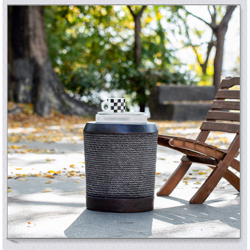Outdoor Simulated Braided Cord MGO Side Table With Vintage Trim For Indoor And Patio Decor, Durable And Stylish