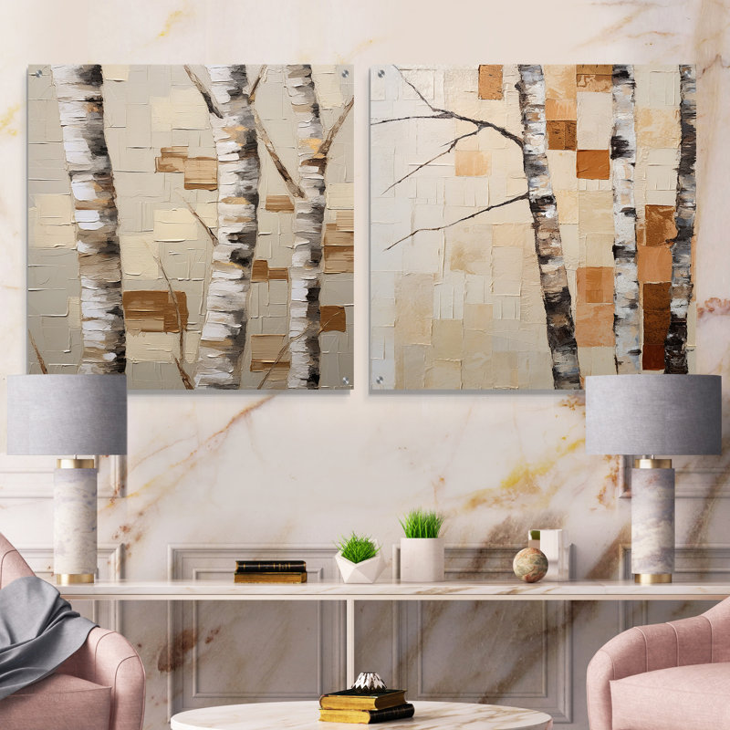 «Beige minimalisme arbre bouleau I» - ensemble de 2 art mural en verre acrylique bouleau arbre, H 16 po x l 33 po