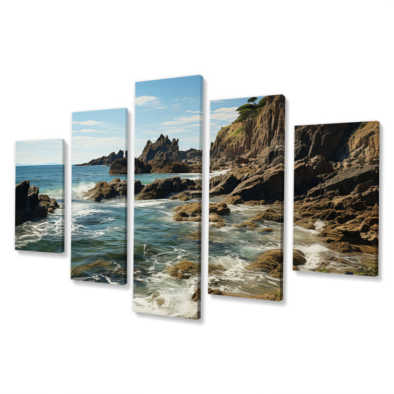 Rocky Beach Rocky Coastline I - reproduction d'art sur toile nautique et plage - 5 panneaux