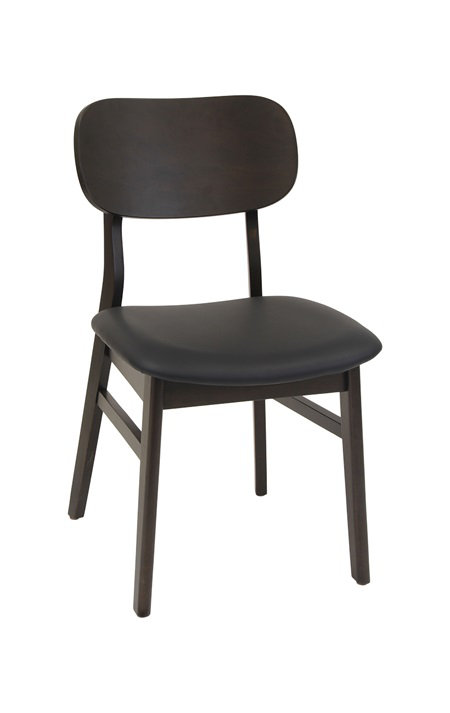 Chaise en noyer foncé avec siège en vinyle noir
