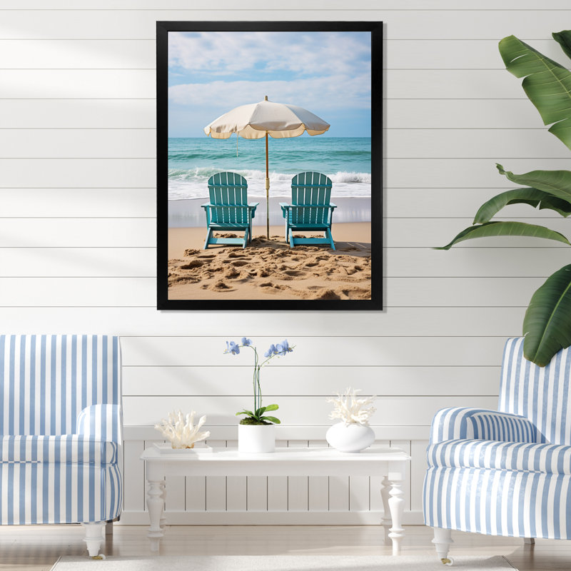 «Beach Chairs Scenery III - Coastal Beach», art mural sur toile, Cadre simple noir, H 32 po x l 24 po x P 1 po