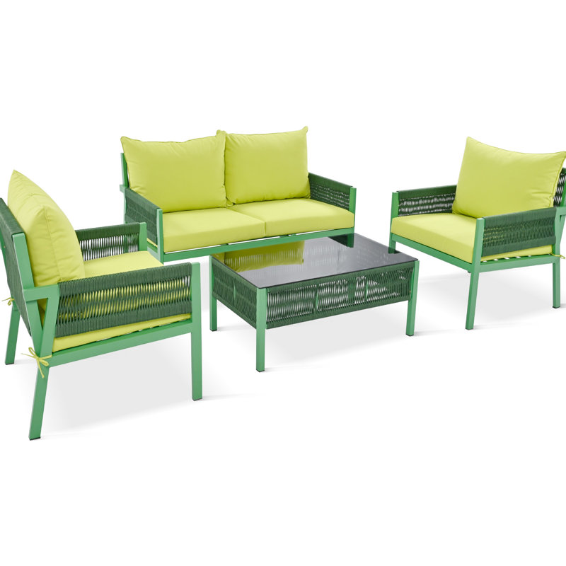 Mobilier de patio classique 4 - conversation avec fluorescents épais avec table basse en verre trempé, Vert