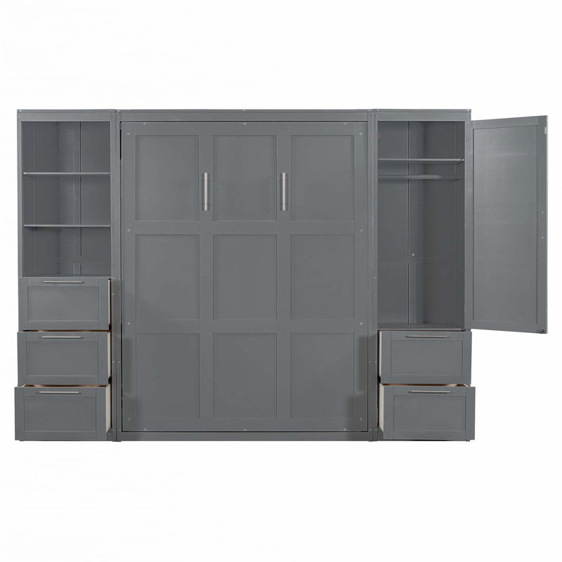 Grand lit escamotable mural avec placard, tiroirs et tablettes, Gris
