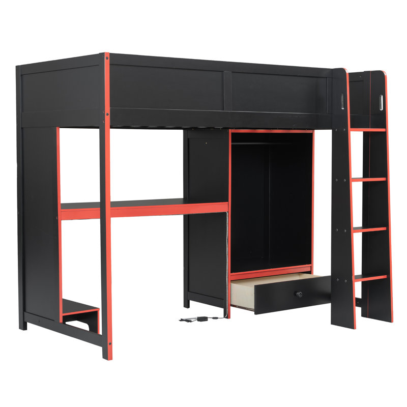 Wood Black Gaming Loft Bed with Desk, Wardrobe, LED Lights and Storage Drawer, Wood Frame for Kids Teens, Twin