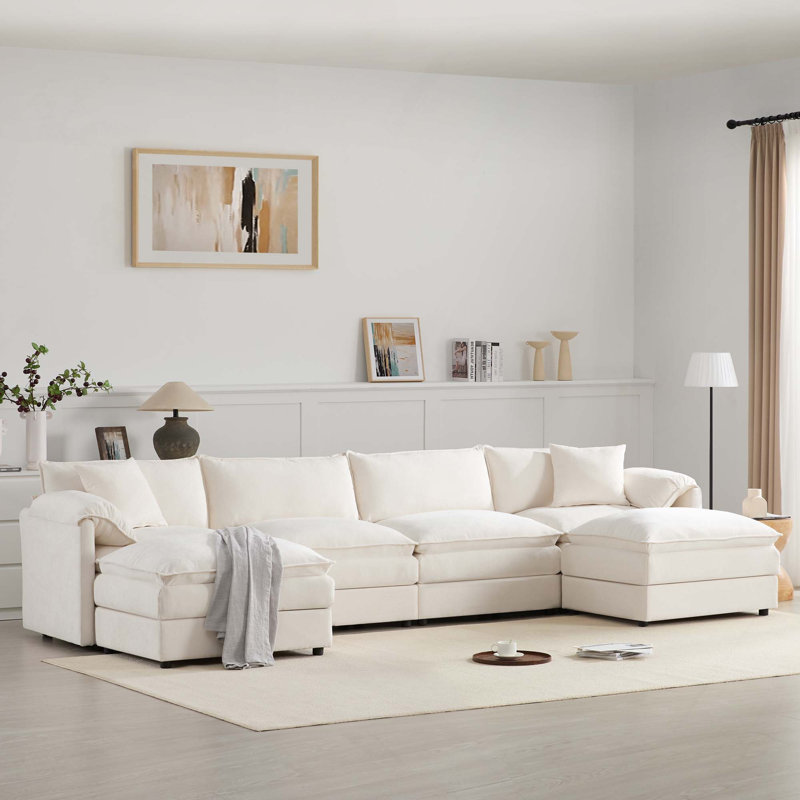 Canapé modulaire modulaire avec repose-pieds double avec coussins pour salon, White Chenille