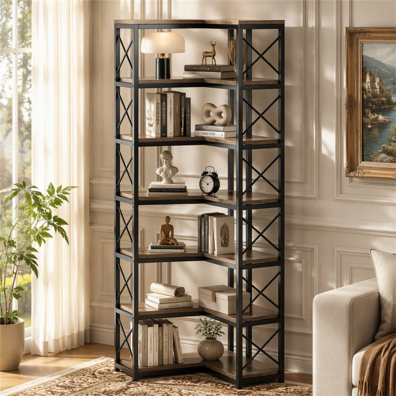 Étagère d'angle à 7 niveaux avec présentoir, Light Grey