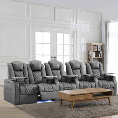 Gray Upholstered Power Reclining Home Theater Seating with Cup Holder