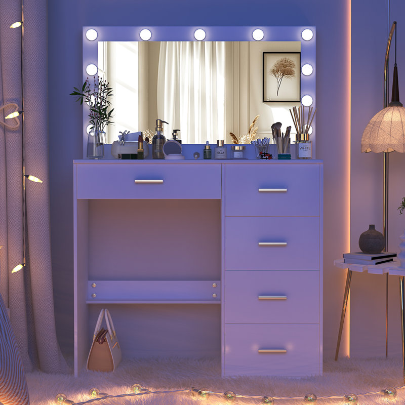 Ensemble de coiffeuse avec grand miroir et ampoules, coiffeuse de maquillage avec 5 tiroirs