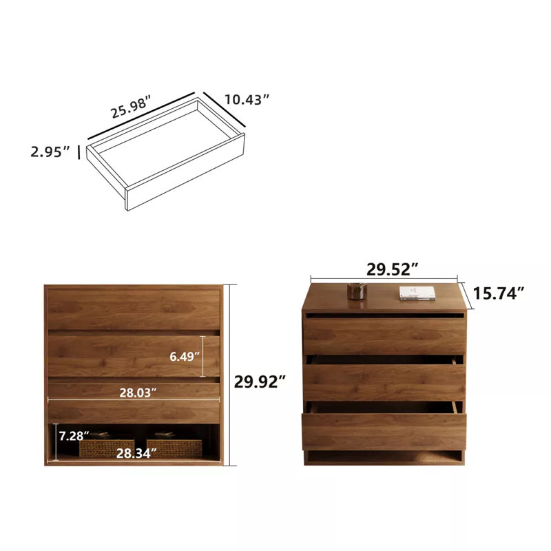 Armoire de rangement 29,52 "avec 3 tiroirs et tablettes de rangement ouvertes pour le salon